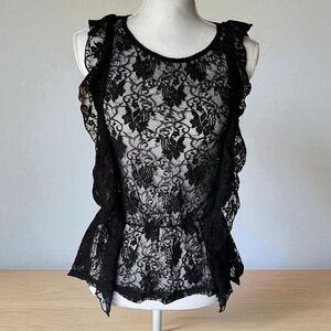 Peony USA Black Floral Lace Sleeveless Ruffle Peplum Top Women’s Size L